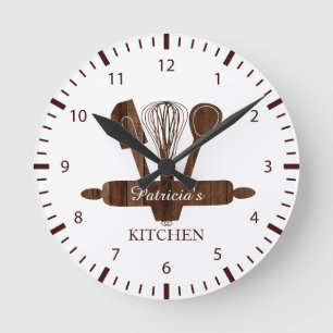 Rustikale dunkle Holz und weiße personalisierte Kü Runde Wanduhr