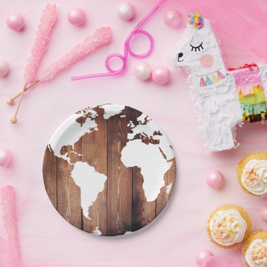 Rustikale dunkle Holzplanen und weiße Weltkarte Pappteller (Party)