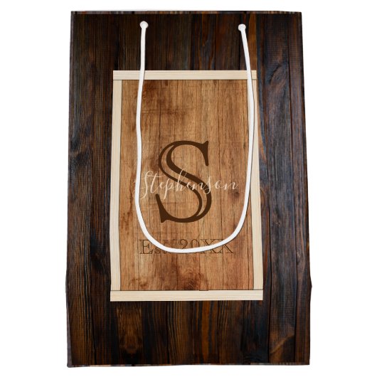 Rustikale, dunkle Holzteppiche Monogramm mittelgro Mittlere Geschenktüte (Rückseite)