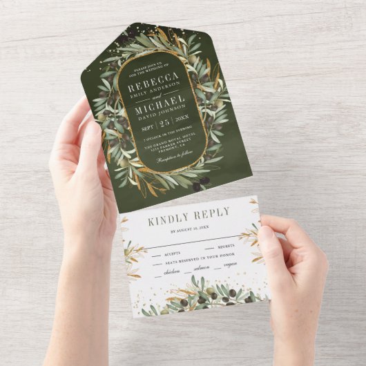 Rustikale dunkle Seiten Grüne Gold Olivenöl Blätte All In One Einladung (Abreißen)