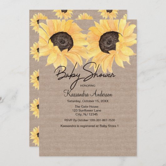 Rustikale Dusche für neutrale Sonnenblumen Einladung (Vorne/Hinten)