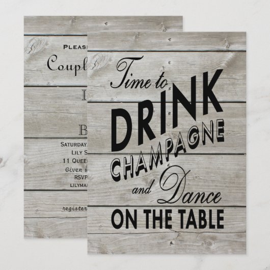 Rustikale Duschzeit für Champagner Einladung (Vorne/Hinten)