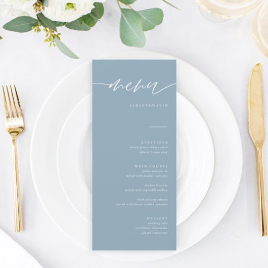 Rustikale Dusty Blue Calligraphy Wedding Menu Card Menükarte