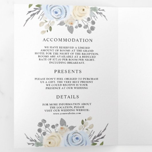 Rustikale Dusty Blue Elfenbeinblume auf einer Hoch Dreifach Gefaltete Einladung (Innen Erste Seite)