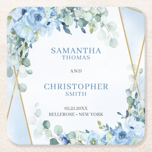 Rustikale Dusty Blue Floral Eukalyptus Goldgold Un Rechteckiger Pappuntersetzer (Vorderseite)