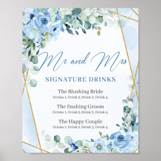 Rustikale Dusty Blue Floral Gold Signature Drinks Poster (Vorne)