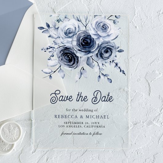 Rustikale dusty Blue Floral Wedding Save the Date Acryleinladungen