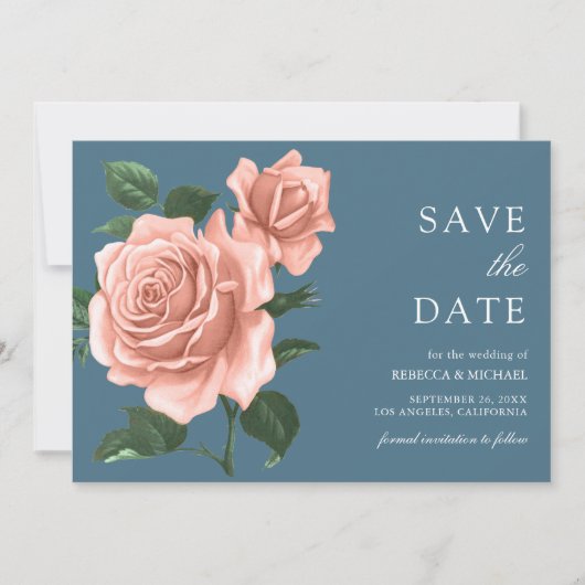 Rustikale Dusty Blue Peach Rose Hochzeit Save The Date (Vorderseite)
