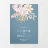 Rustikale Dusty Blue Rose Pink Floral QR Code Hoch Dreifach Gefaltete Einladung (Cover)