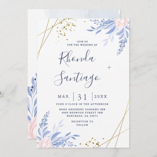 Rustikale Dusty Blue Watercolor Blätter GoldWeddin Einladung (Vorne/Hinten)