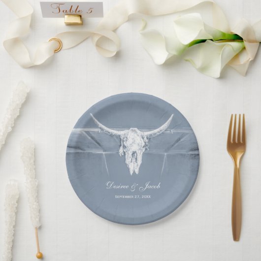 Rustikale Dusty Blue White Western Skull Wedding Pappteller (Hochzeit)