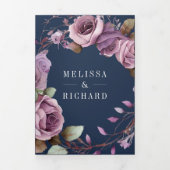 Rustikale Dusty Lila Floral Navy QR Code Hochzeit Dreifach Gefaltete Einladung (Cover)
