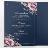 Rustikale Dusty Lila Floral Navy QR Code Hochzeit Dreifach Gefaltete Einladung (Innen Erste Seite)