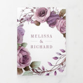 Rustikale Dusty Lila Floral QR Code Wedding Dreifach Gefaltete Einladung (Cover)