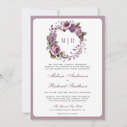 Rustikale Dusty Lila Floral QR Code Wedding Einladung (Vorderseite)