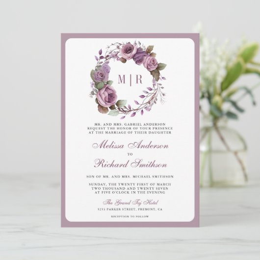 Rustikale Dusty Lila Floral QR Code Wedding Einladung (Stehend Vorderseite)