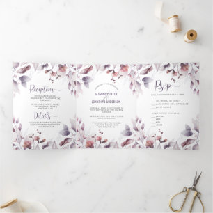 Rustikale Dusty Lila Mauve Pink Floral Wedding Dreifach Gefaltete Einladung