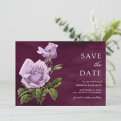 Rustikale Dusty Lila Rose Blumenpflaume Hochzeit Save The Date (Stehend Vorderseite)