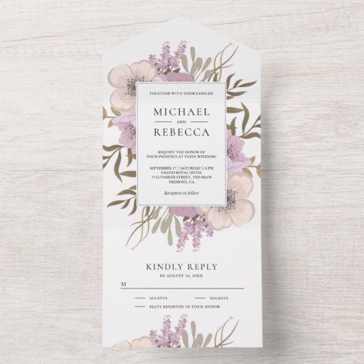 Rustikale Dusty Mauve Pink Blumenbouquet Wedding All In One Einladung (Innen Boden)