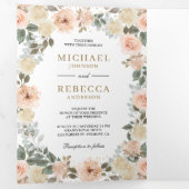Rustikale Dusty Peach Floral Foto QR Code Hochzeit Dreifach Gefaltete Einladung (Innen Erste Seite)