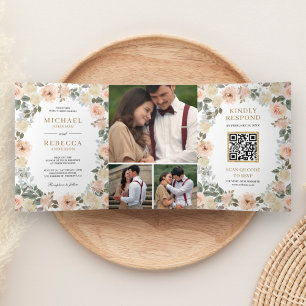 Rustikale Dusty Peach Floral Foto QR Code Hochzeit Dreifach Gefaltete Einladung