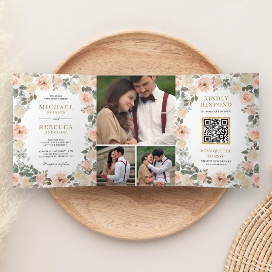 Rustikale Dusty Peach Floral Foto QR Code Hochzeit Dreifach Gefaltete Einladung
