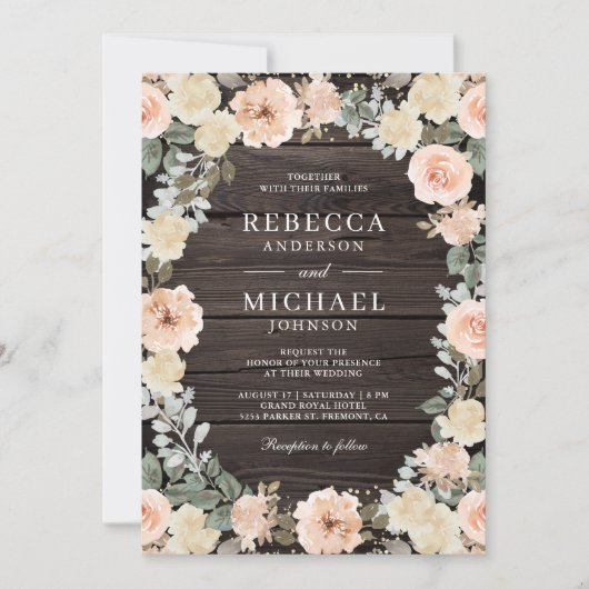 Rustikale Dusty Peach Floral QR Code Hochzeit Holz Einladung (Vorderseite)