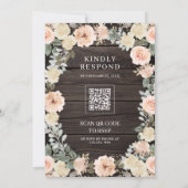 Rustikale Dusty Peach Floral QR Code Hochzeit Holz Einladung (Rückseite)