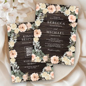 Rustikale Dusty Peach Floral QR Code Hochzeit Holz Einladung