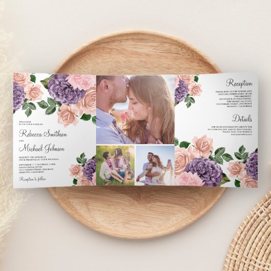 Rustikale Dusty Peach Lila Floral Wedding Dreifach Gefaltete Einladung