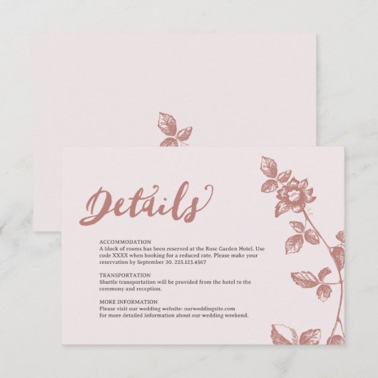 Rustikale dusty Pink Whimsical Floral Wedding Deta Begleitkarte (Vorne/Hinten)