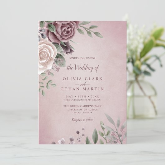 Rustikale Dusty Rose Blumenstrauß Pink Einladung (Stehend Vorderseite)