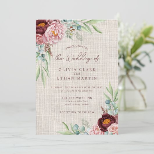 Rustikale Dusty Rose Boho Aquarell Blumengrün Einladung (Stehend Vorderseite)