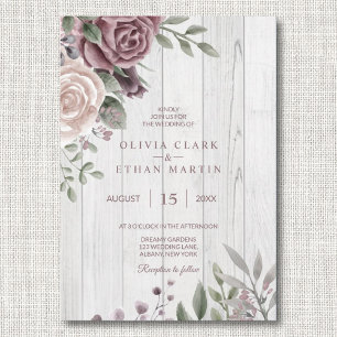 Rustikale Dusty Rose Floral Bouquet Wood Einladung