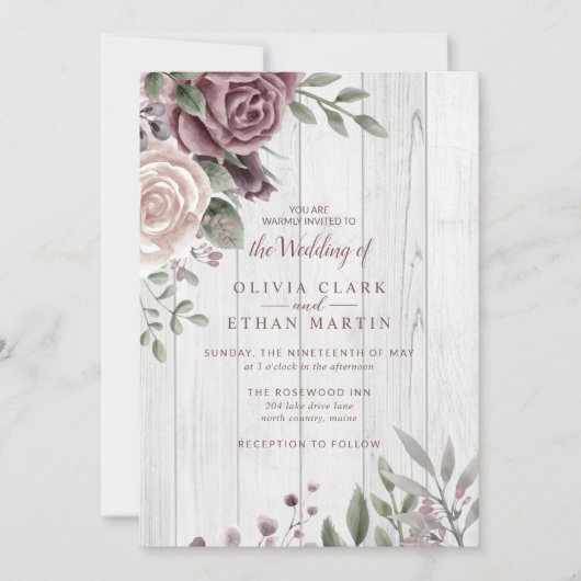 Rustikale Dusty Rose Floral Bouquet Wood Einladung (Vorderseite)