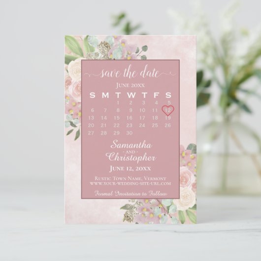 Rustikale Dusty Rose Frühjahrsblütenkalender Save The Date (Stehend Vorderseite)