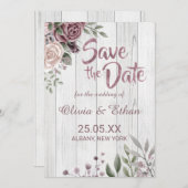 Rustikale Dusty-Rose mit Blumenmuster auf Holz Save The Date (Vorne/Hinten)