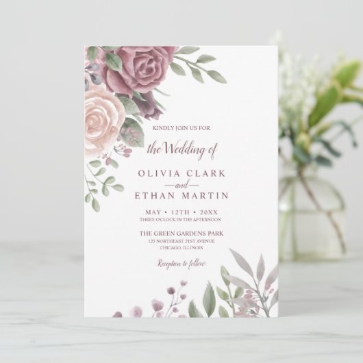 Rustikale Dusty Rose Wasserfarben Blumenstrauß Inv Einladung (Stehend Vorderseite)