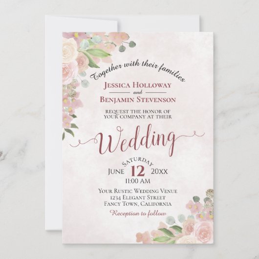 Rustikale Dusty Rose Wasserfarben Blumenzitz Hochz Einladung (Vorderseite)
