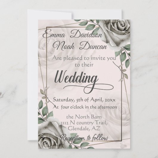 Rustikale Dusty White Rose Blume Einladung Hochzei (Vorderseite)