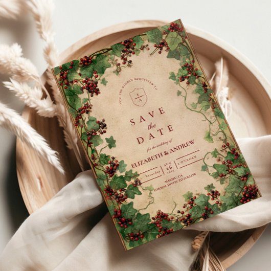 Rustikale Efeu-Romanze-Hochzeit Save The Date
