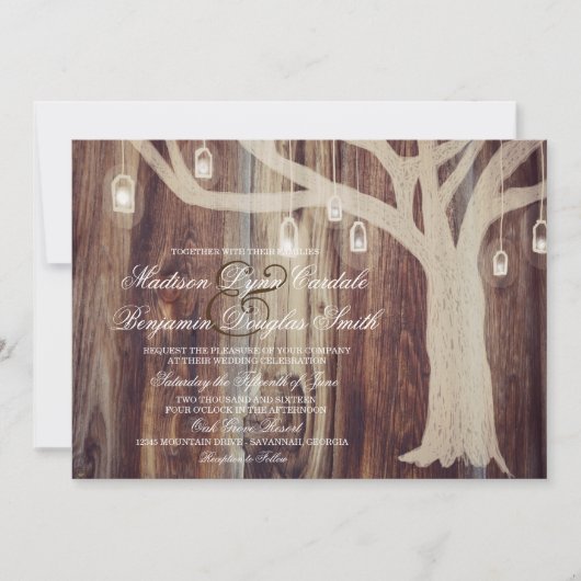 Rustikale Eichenbaum-Lichter Holz-Hochzeitskarten Einladung (Vorderseite)