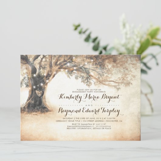 Rustikale Eichenbaum- und Carved-Heart-Engagement- Einladung (Stehend Vorderseite)