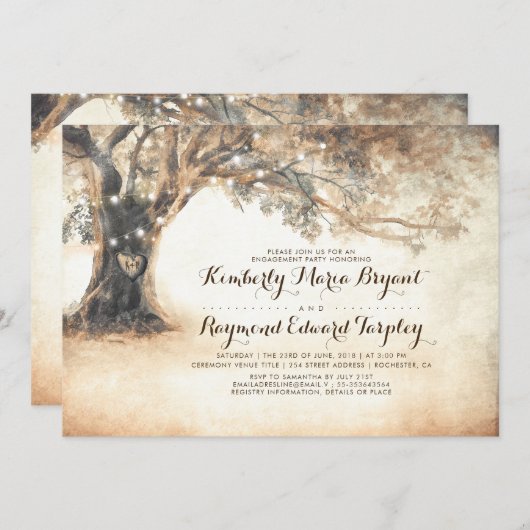 Rustikale Eichenbaum- und Carved-Heart-Engagement- Einladung (Vorne/Hinten)