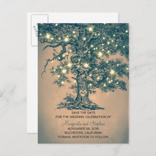 rustikale Eichenholzleuchten Save the Date Postkar Ankündigungspostkarte (Vorne/Hinten)