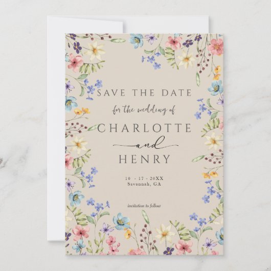 Rustikale einfache Botanische Wildblume Hochzeit Save The Date (Vorderseite)