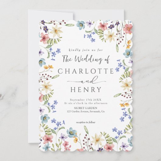 Rustikale Einfache Wildblume, White QR Code Hochze Einladung (Vorderseite)