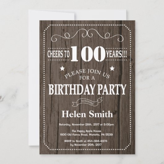 Rustikale Einladung zum 100. Geburtstag (Vorderseite)