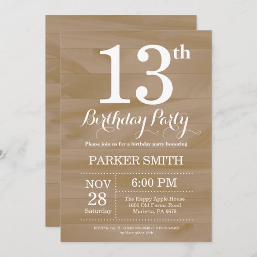 Rustikale Einladung zum 13. Geburtstag (Vorne/Hinten)