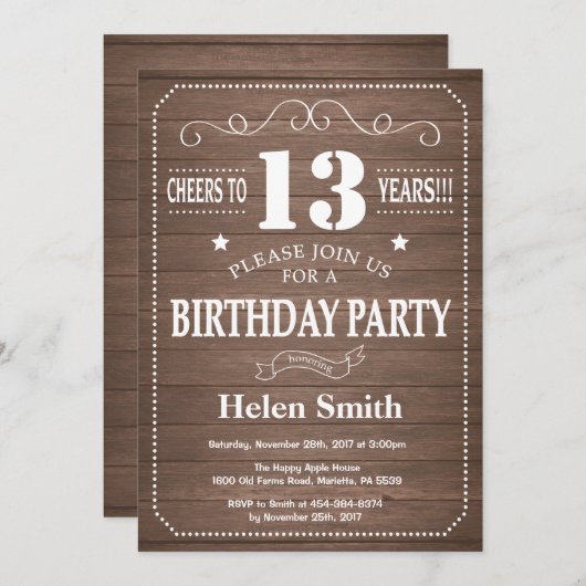 Rustikale Einladung zum 13. Geburtstag (Vorne/Hinten)
